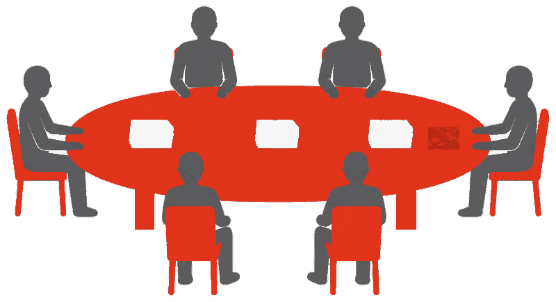 Un conseil d'administration réuni autour d'une table ovale, dossiers de séance posés devant chaque administrateur
